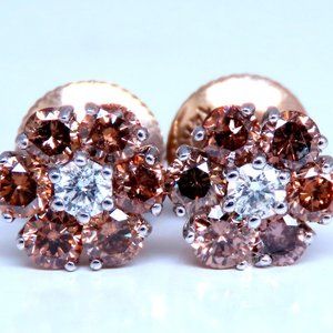 1.30ct. natural round diamond cluster earrings 14 karat Fancy Browns